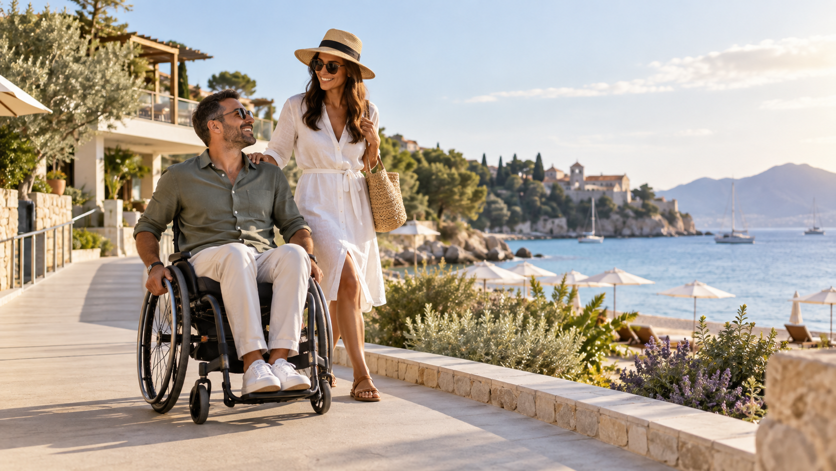 Illustrative wheelchair user enjoying an accessible Mediterranean holiday
