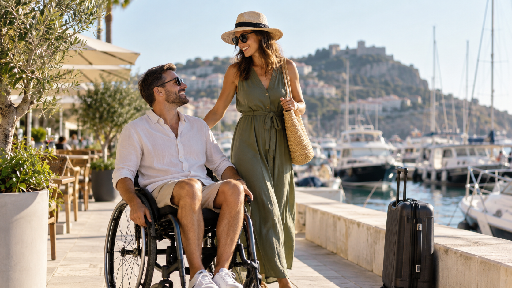 Illustrative wheelchair traveller and companion at a seaside marina