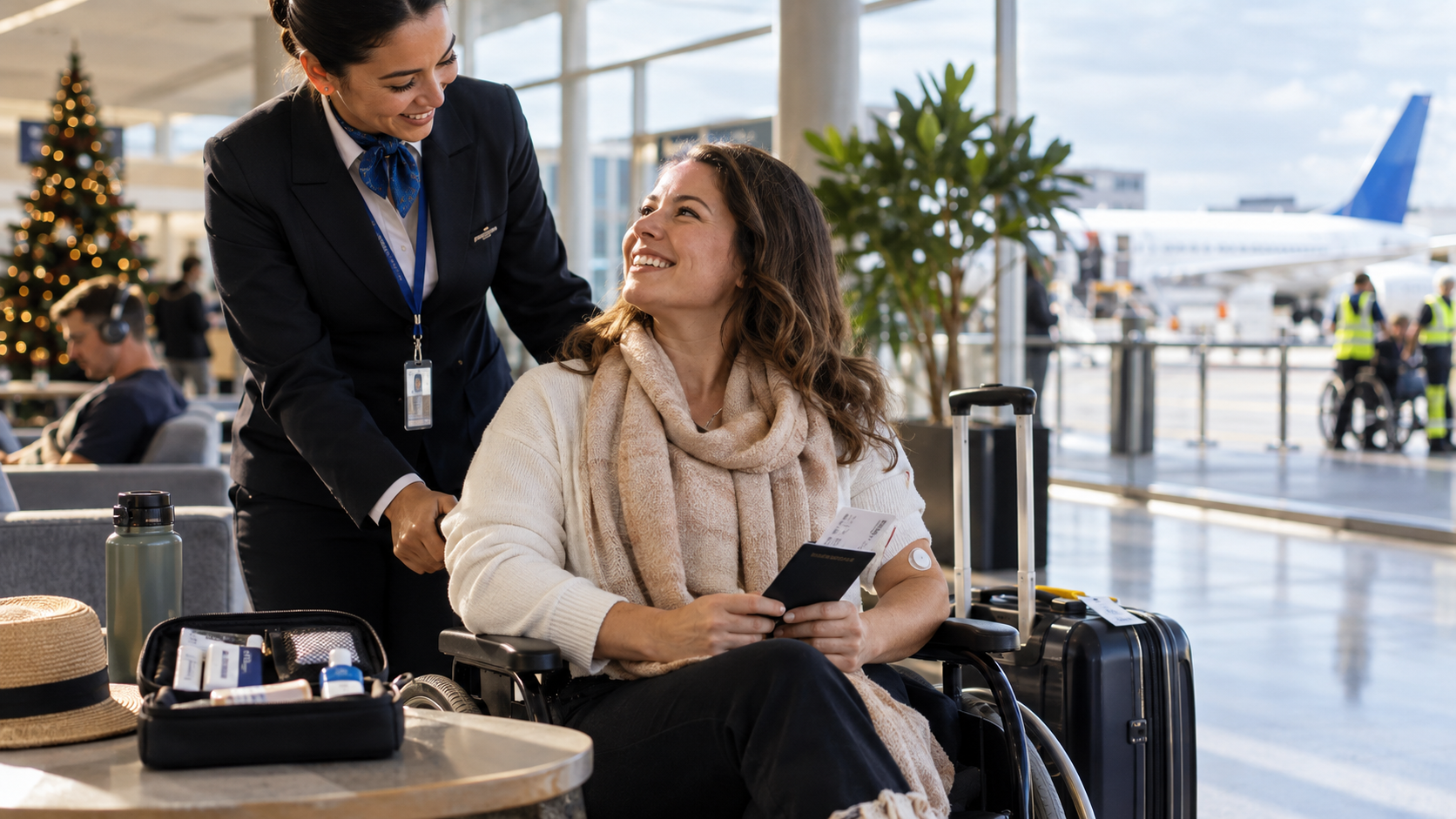 Illustrative airport assistance for a traveller using a wheelchair