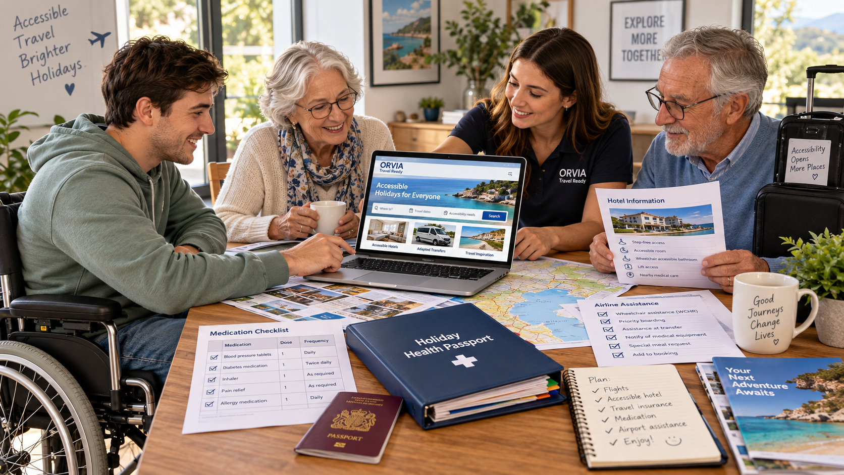 Illustrative family and wheelchair user researching an accessible holiday with Travel Ready documents