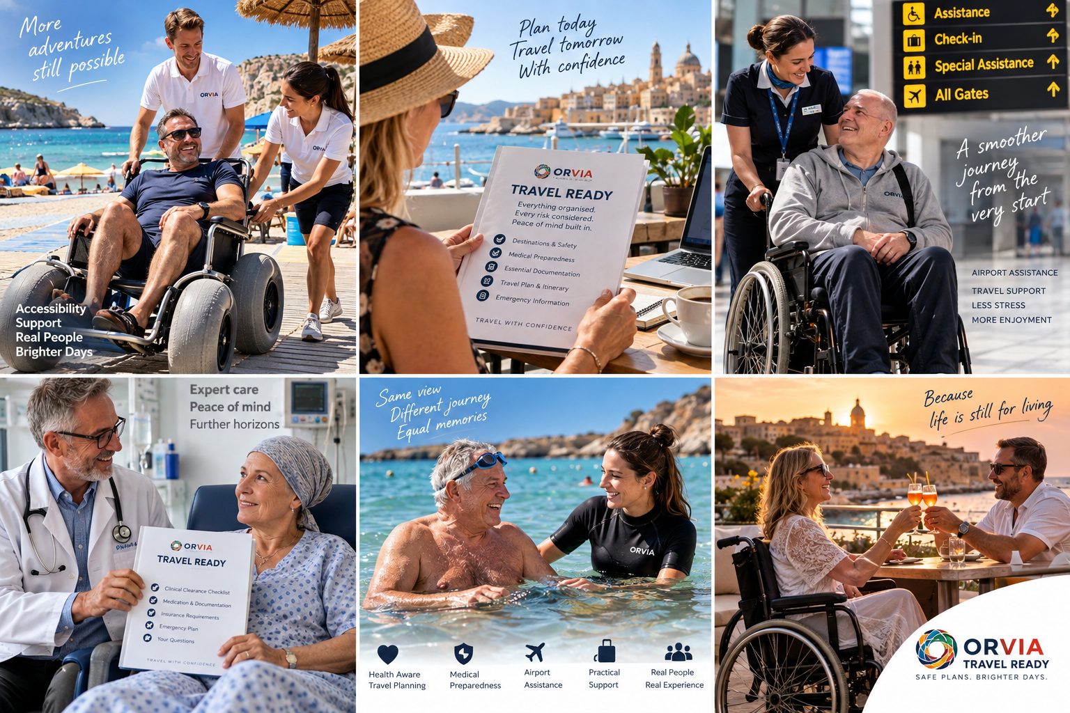 Illustrative ORVIA Travel Ready planning pack showing accessibility medical preparation airport support and holiday enjoyment